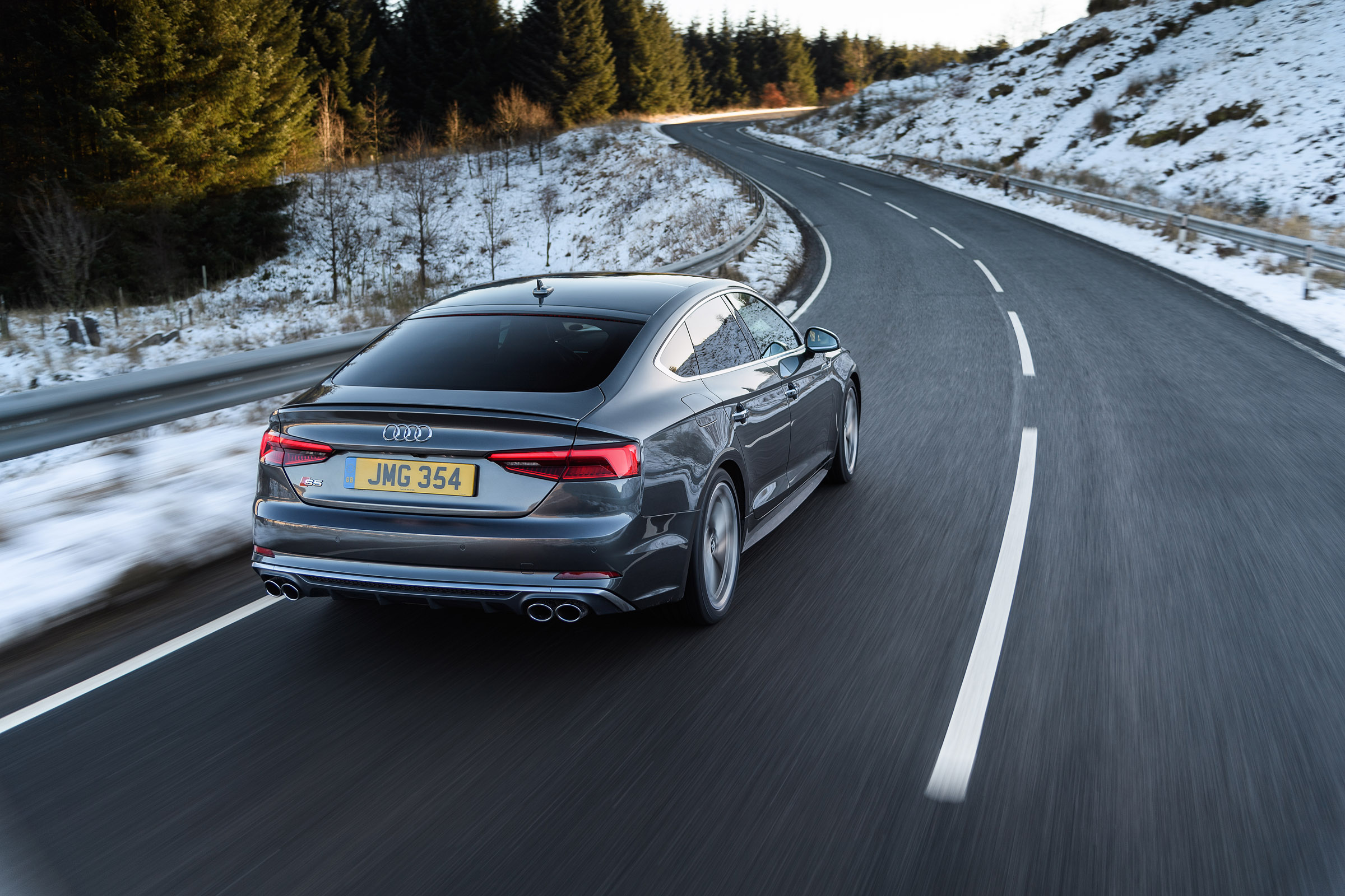Audi S5 Sportback rear three quarters tracking