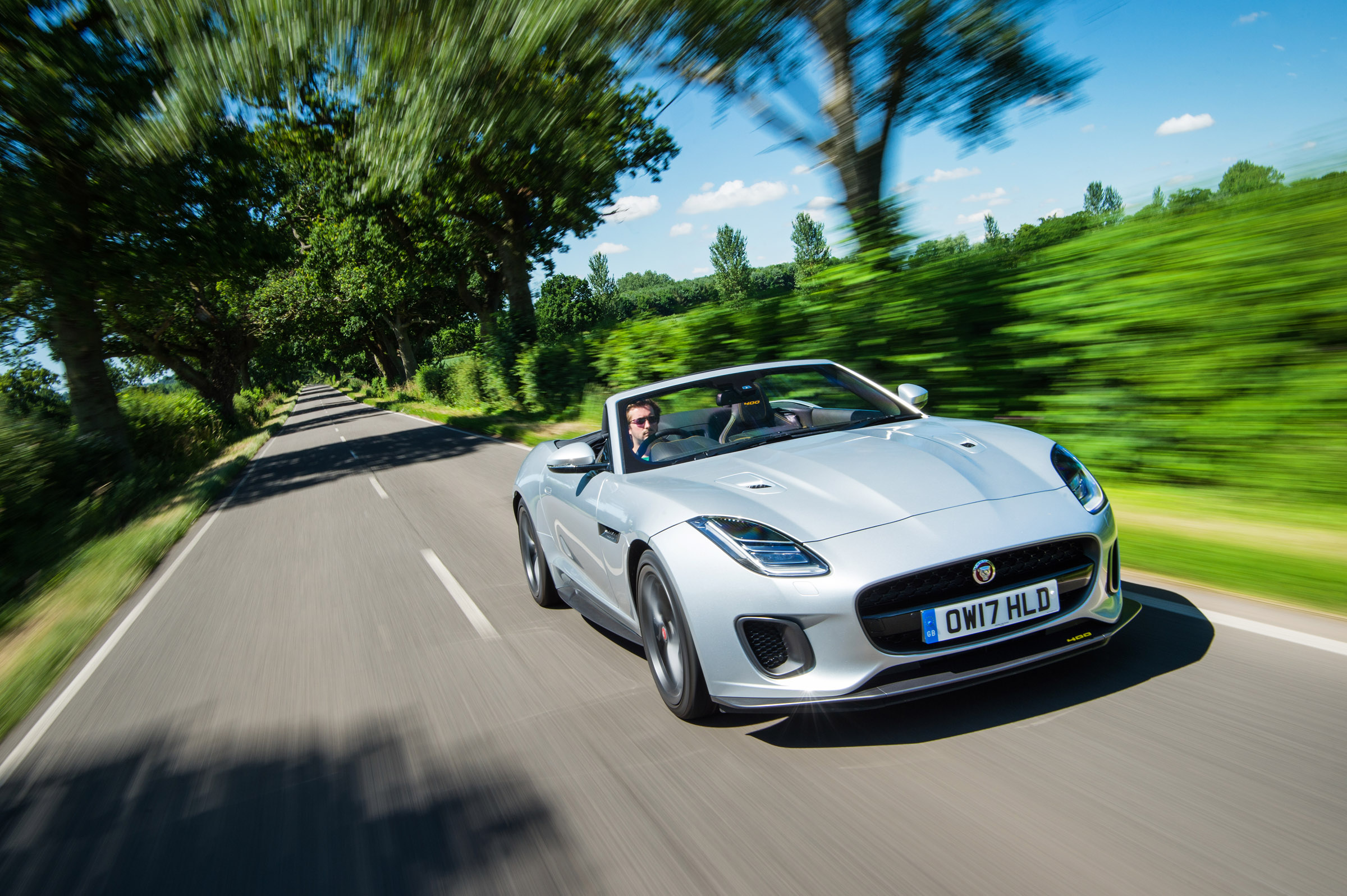 Jaguar F-type 400 Sport front three quarters tracking
