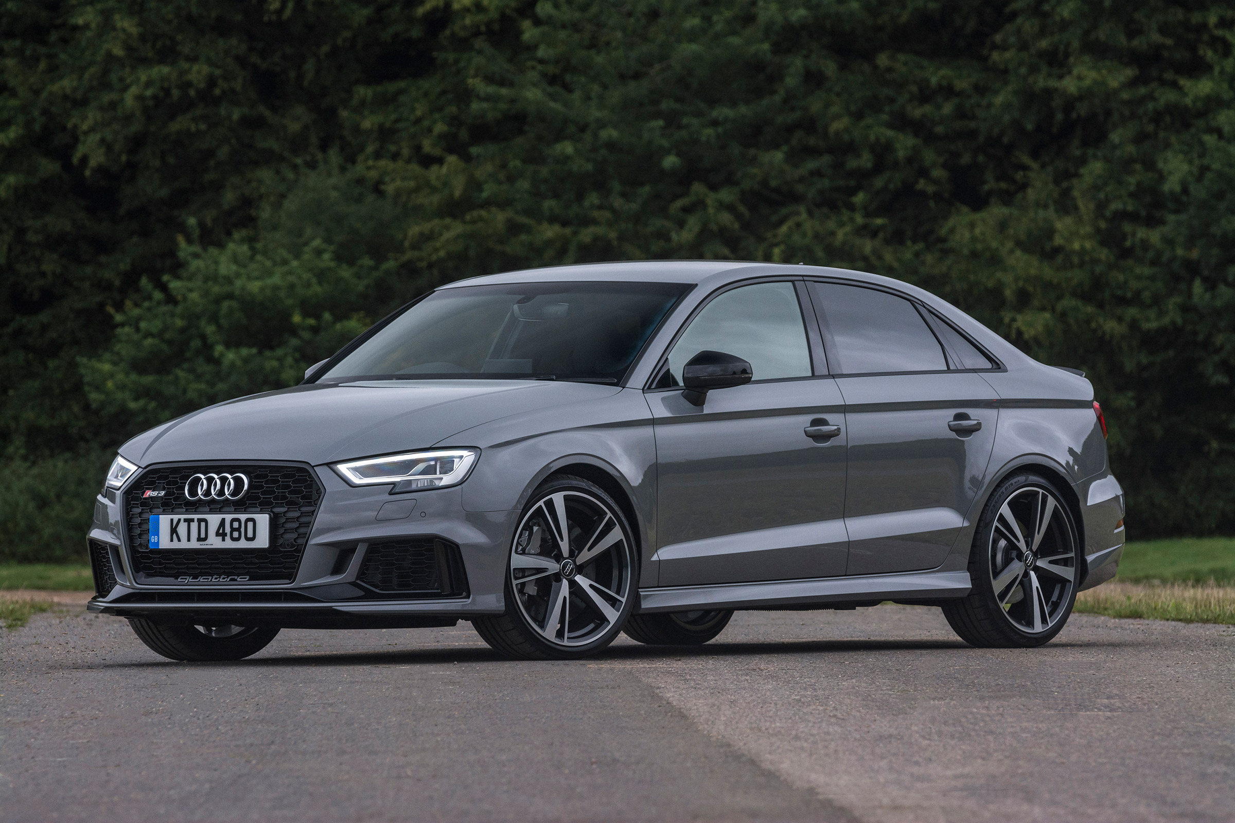 Audi RS3 saloon (facelift) UK press nardo grey - front 3/4 static