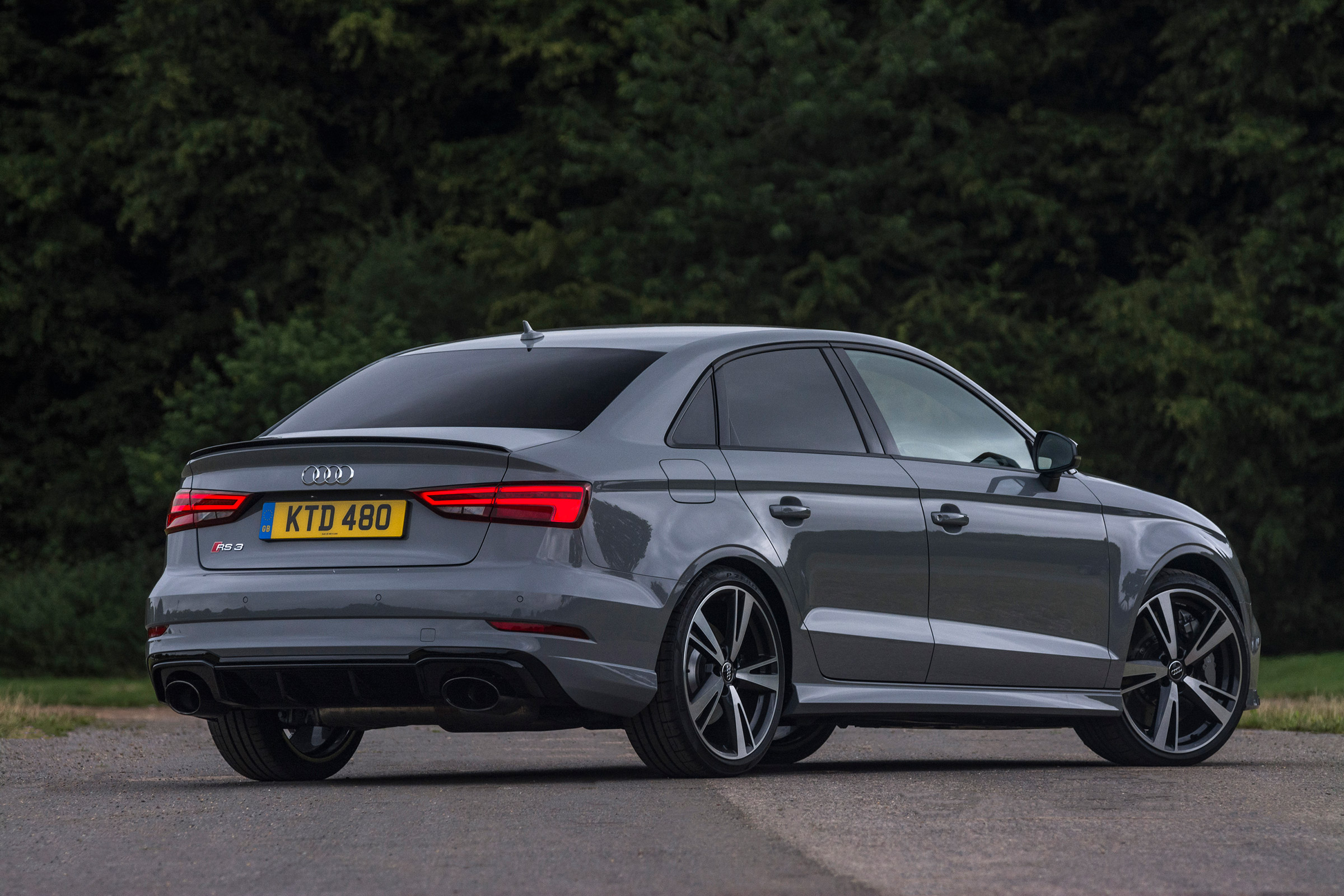 Audi RS3 saloon (facelift) UK press nardo grey - rear 3/4 static