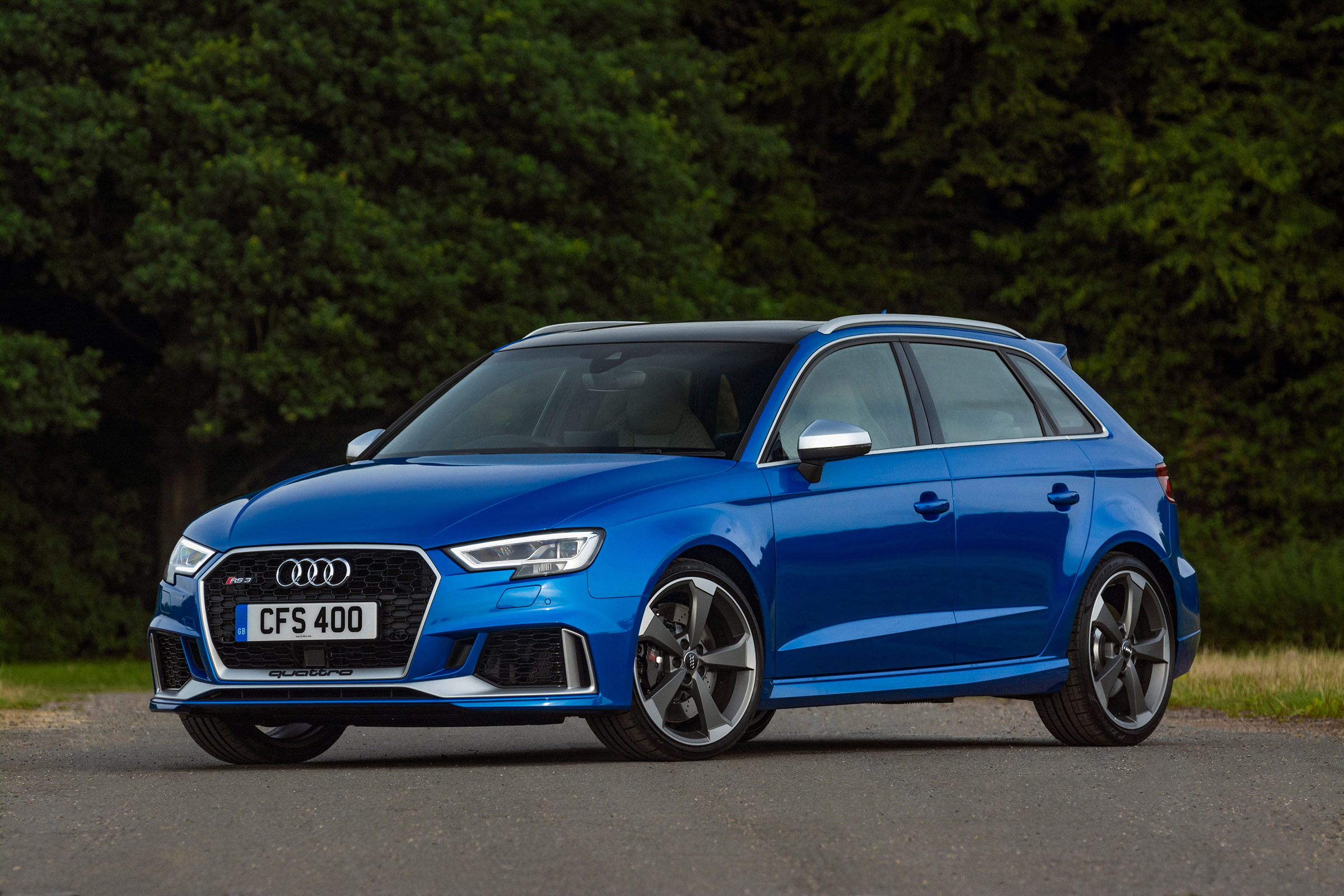 Audi RS3 hatch (facelift) UK press blue - front 3/4 static