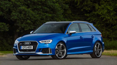Audi RS3 hatch (facelift) UK press blue - front 3/4 static