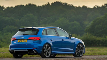 Audi RS3 hatch (facelift) UK press blue - rear 3/4 static