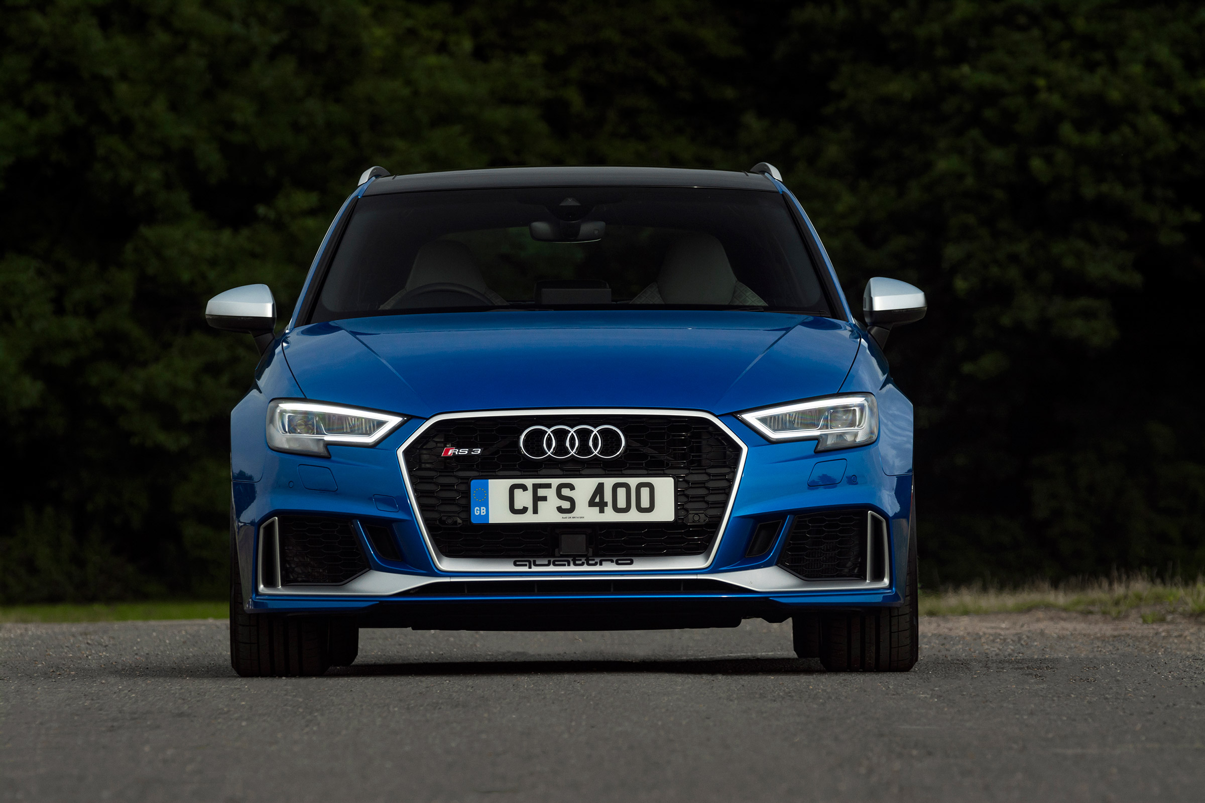Audi RS3 hatch (facelift) UK press blue - front static