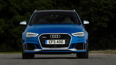 Audi RS3 hatch (facelift) UK press blue - front static