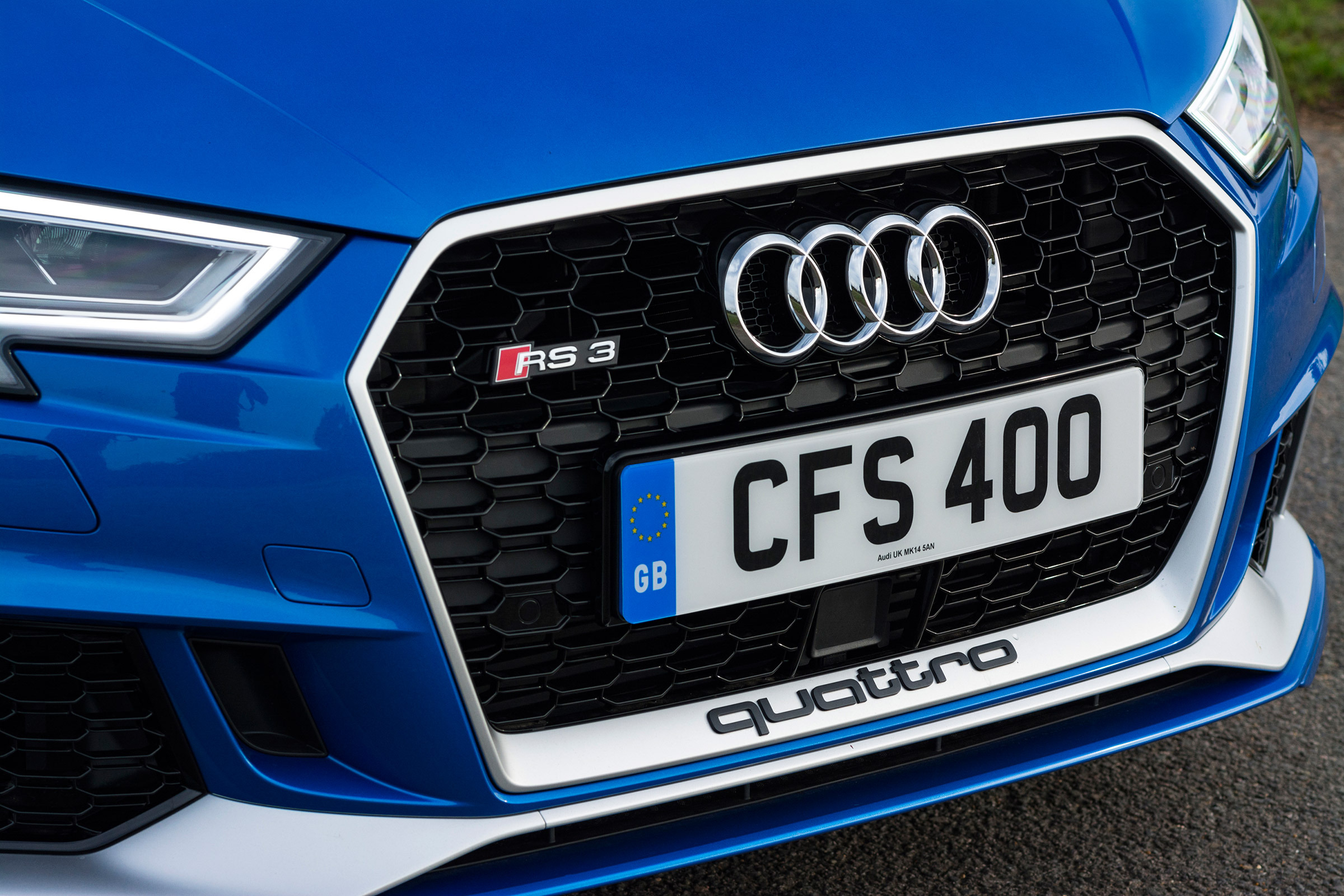Audi RS3 hatch (facelift) UK press blue - grill