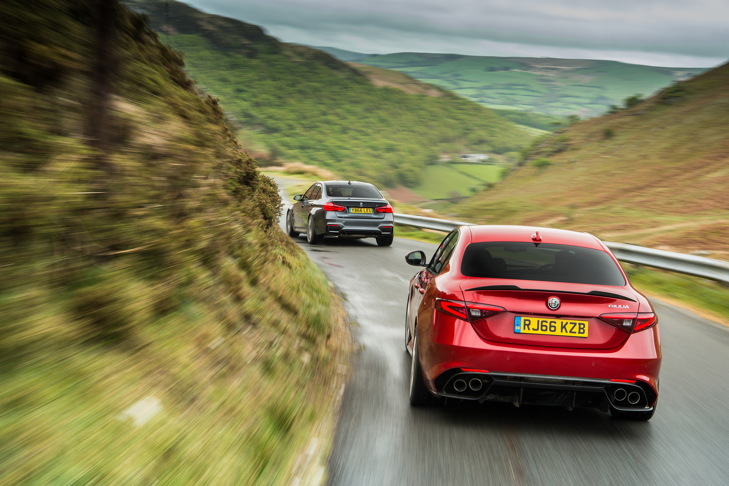 BMW M3 Competition Package &amp; Alfa Romeo Giulia Quadrifoglio – rear on road