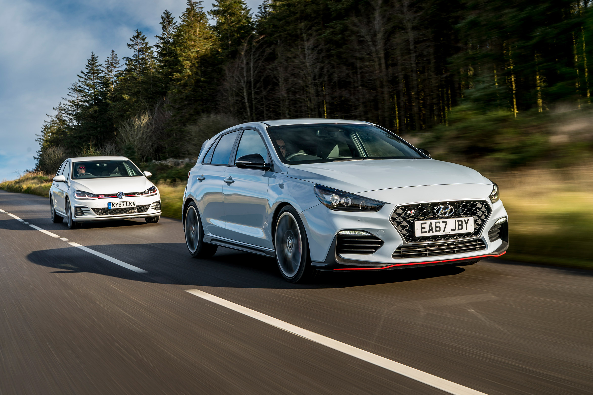 Hyundai i30N group test (Golf GTI and Peugeot 308 GTI) - front