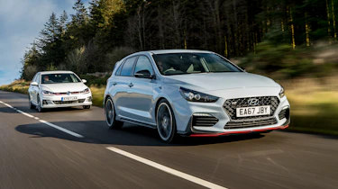 Hyundai i30N group test (Golf GTI and Peugeot 308 GTI) - front