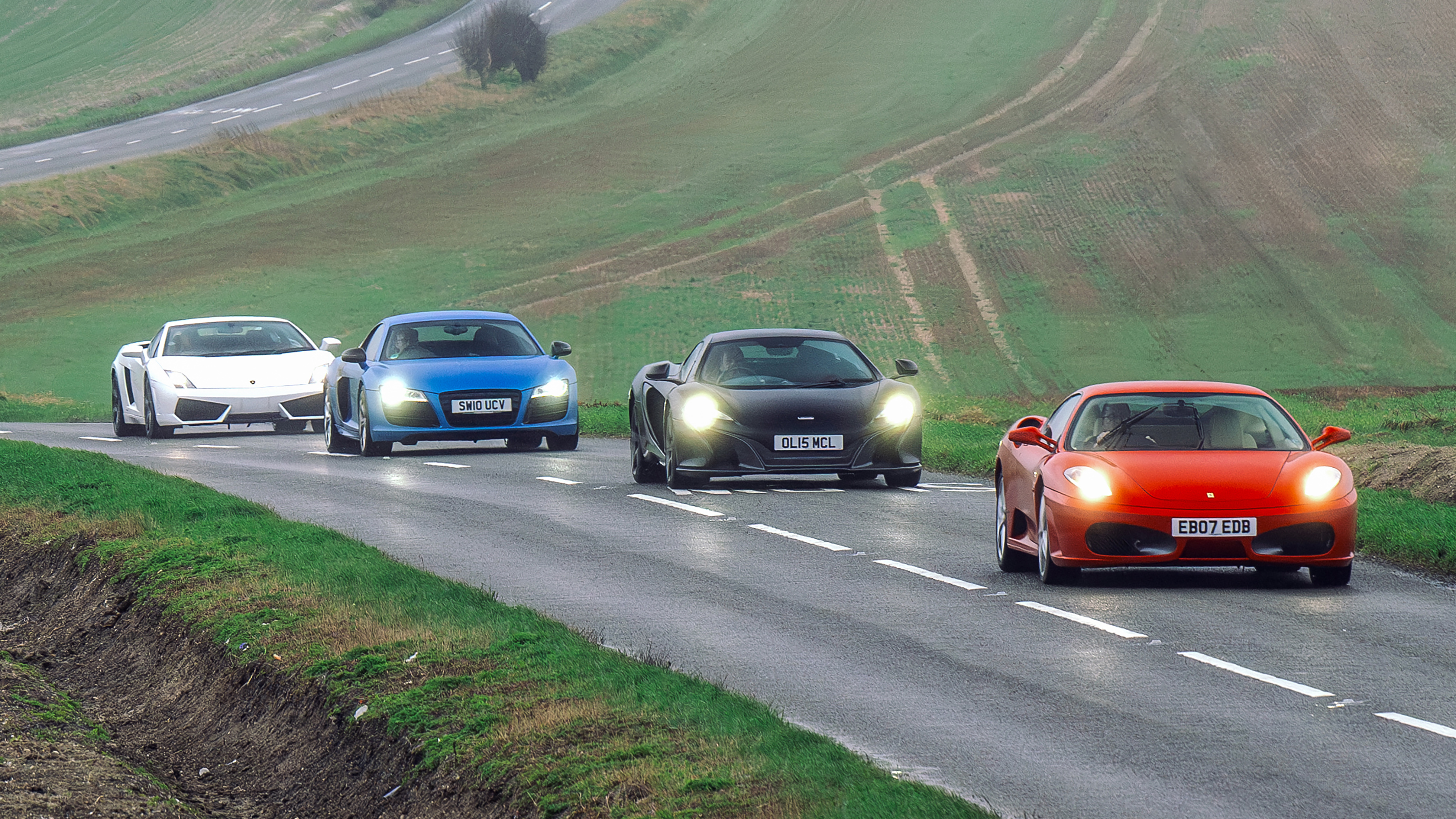 Ferrari F430 v Lamborghini Gallardo v McLaren 650S v Audi R8 V10 – front