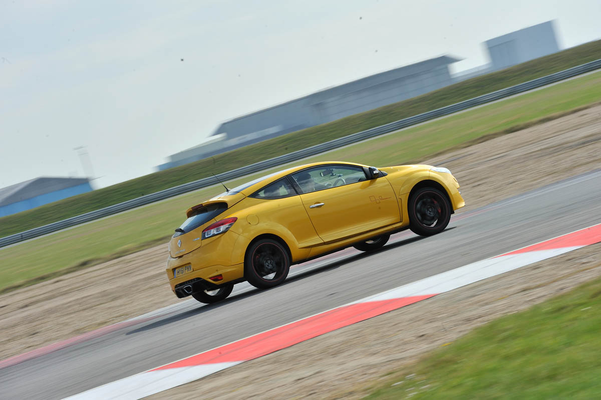 Yellow Renaultsport Megane 265 Trophy on track at Bedford