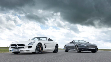 Mercedes SLS AMG Roadster vs Aston Martin DBS Volante evo track battle