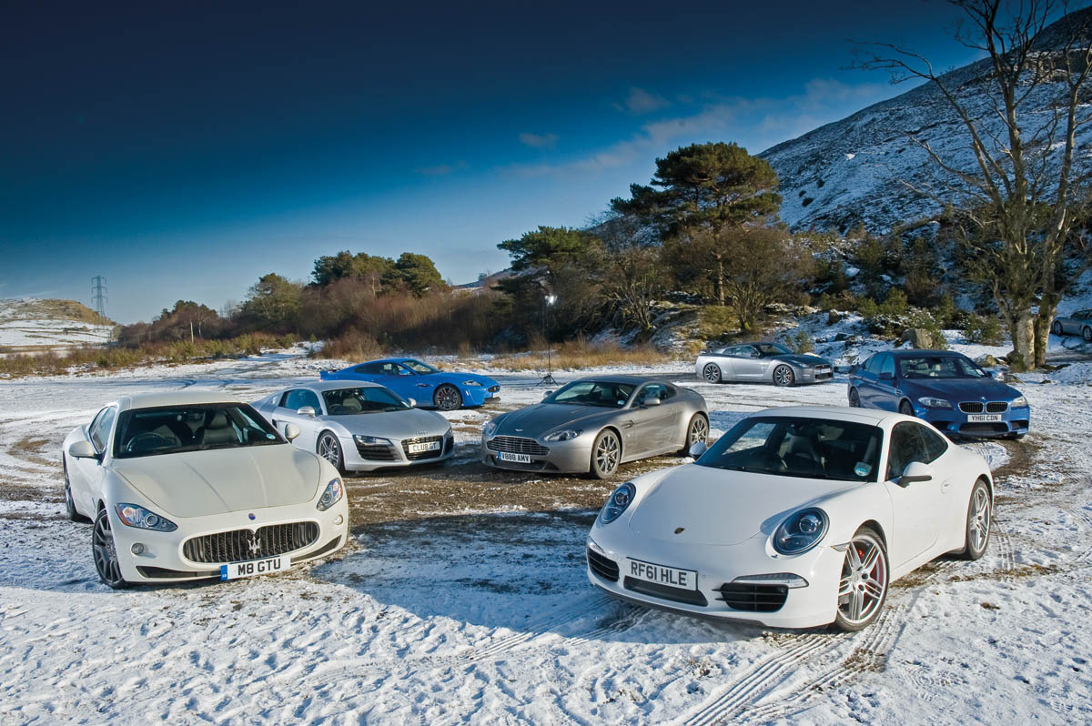 Porsche 911 vs R8, GT-R, XKR-S, M5, GranTurismo and Vantage
