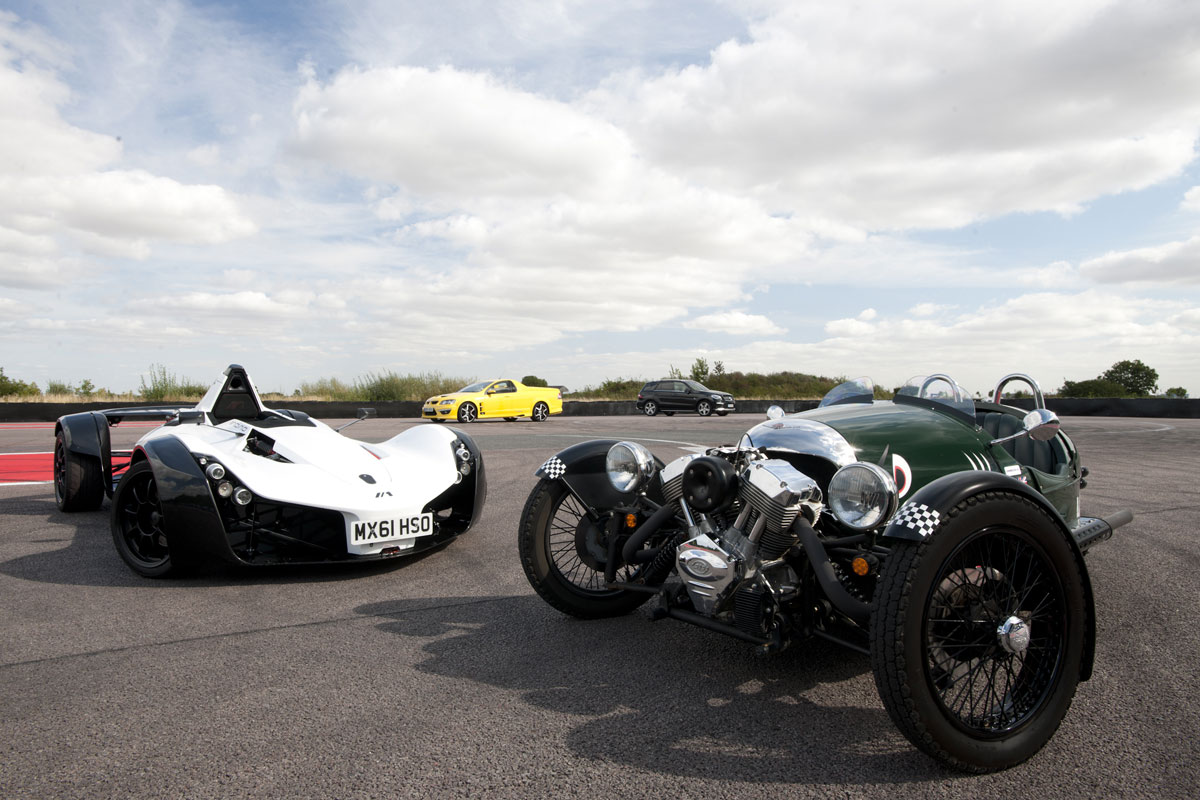 Morgan 3 Wheeler v Vauxhall Maloo v Mercedes ML63 v BAC Mono