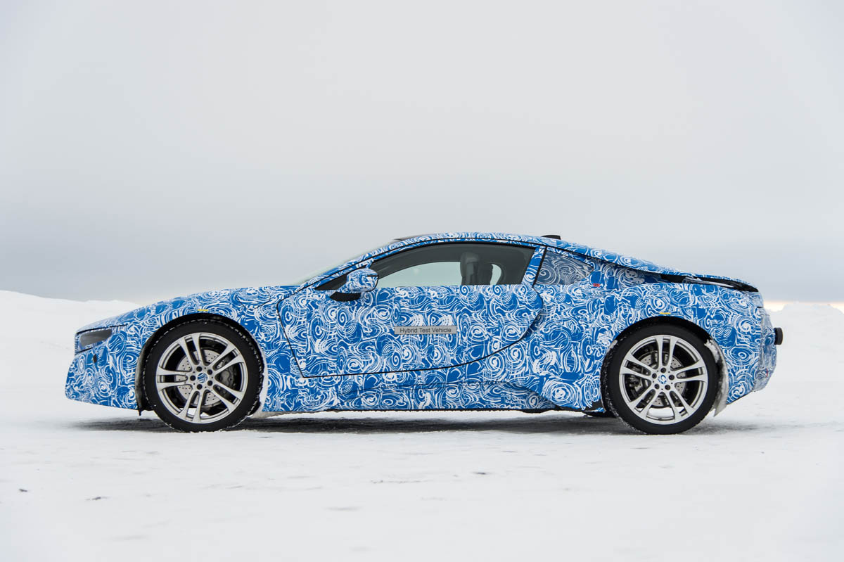 BMW i8 hybrid sports car side profile