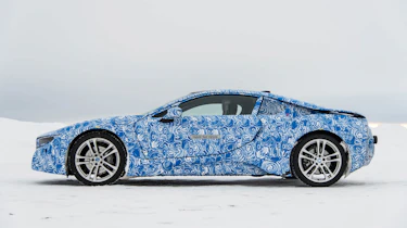 BMW i8 hybrid sports car side profile