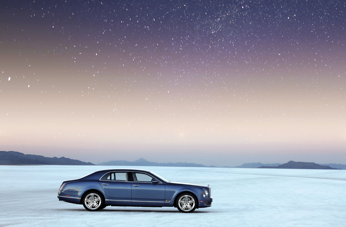 Bonneville salt flats at night with Bentley Mulsanne