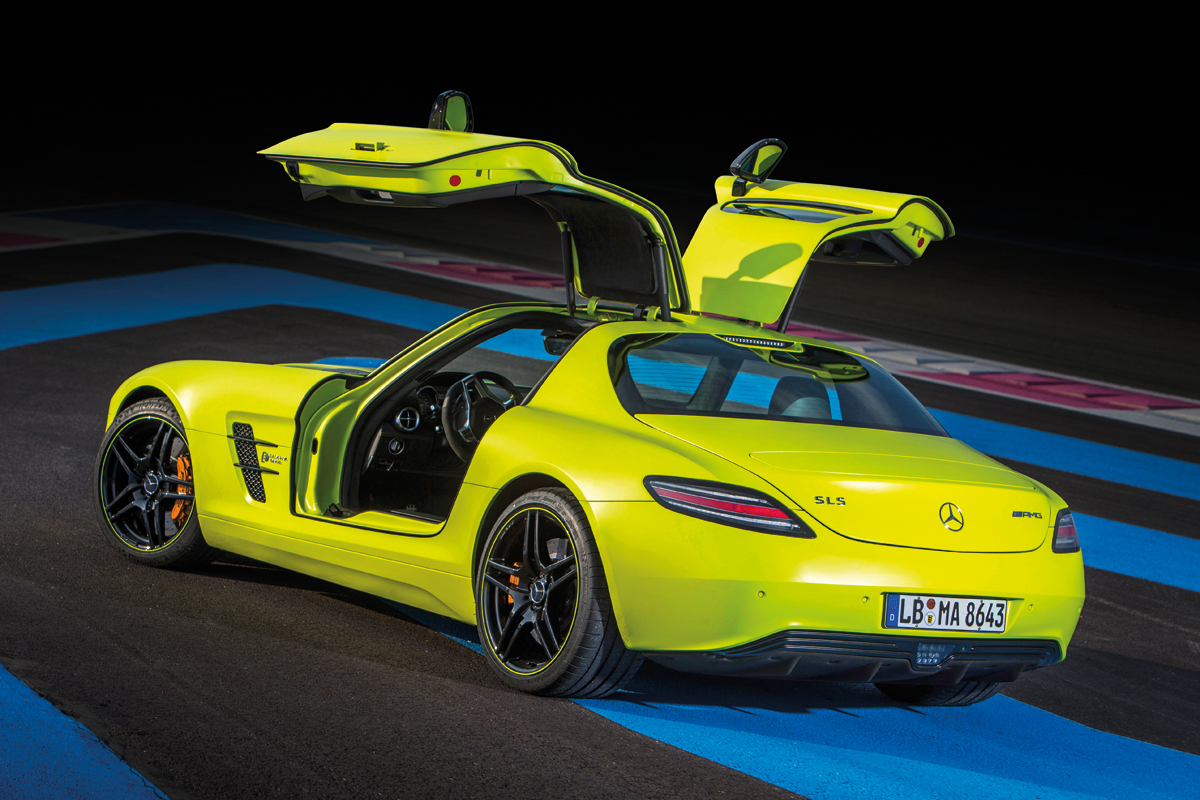 Mercedes-Benz SLS AMG Electric Drive yellow doors up