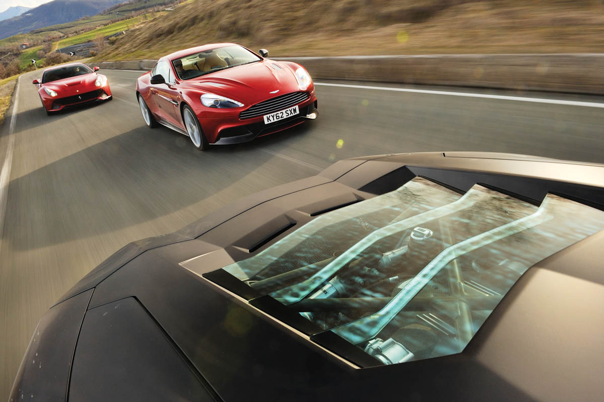 Ferrari F12 v Lamborghini Aventador v Aston Martin Vanquish video