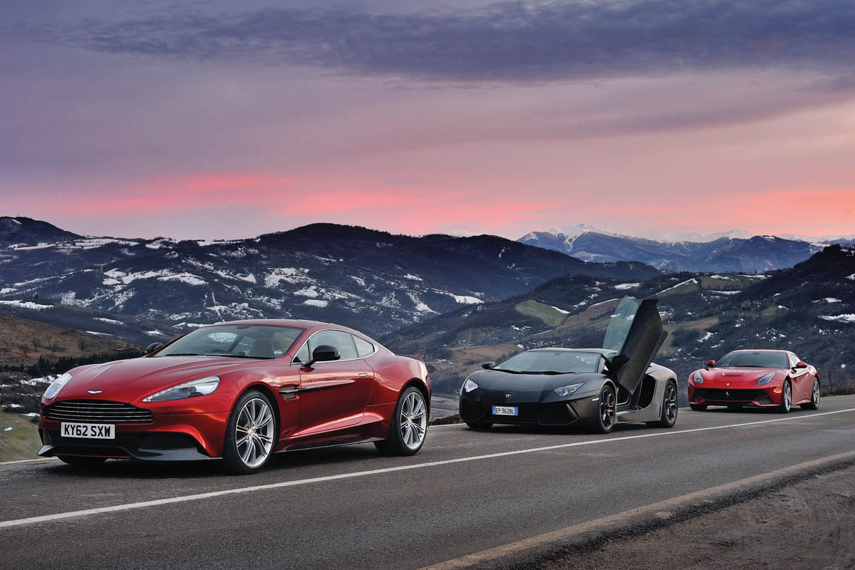 Ferrari F12 v Lamborghini Aventador v Aston Martin Vanquish video