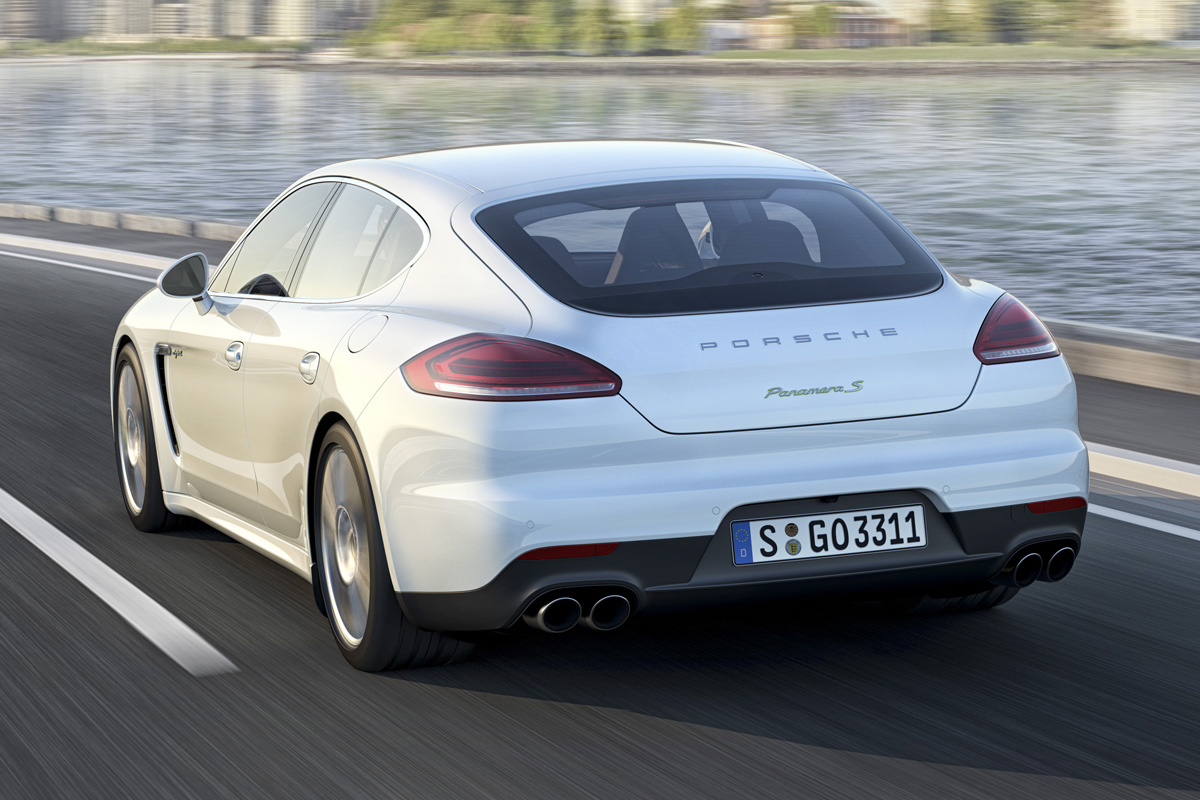 New Porsche Panamera S E-Hybrid white rear view