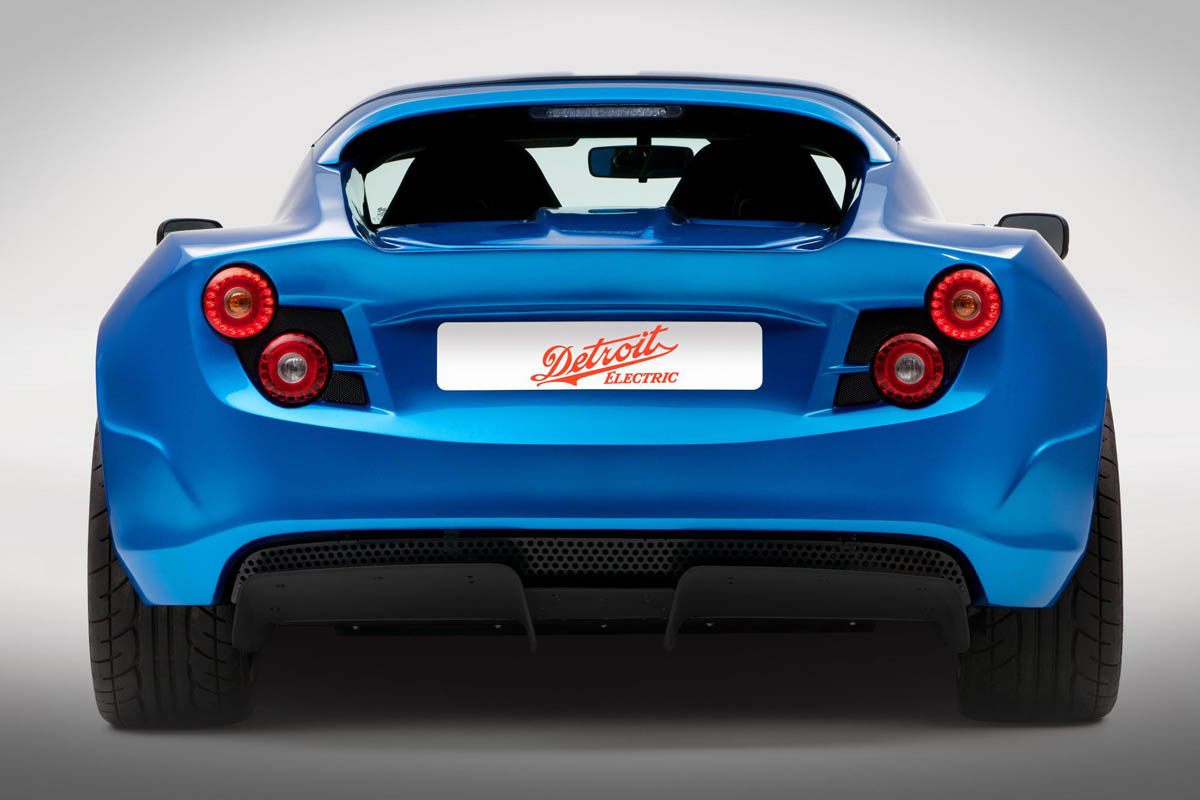Detroit Electric sports car Lotus Elise blue rear