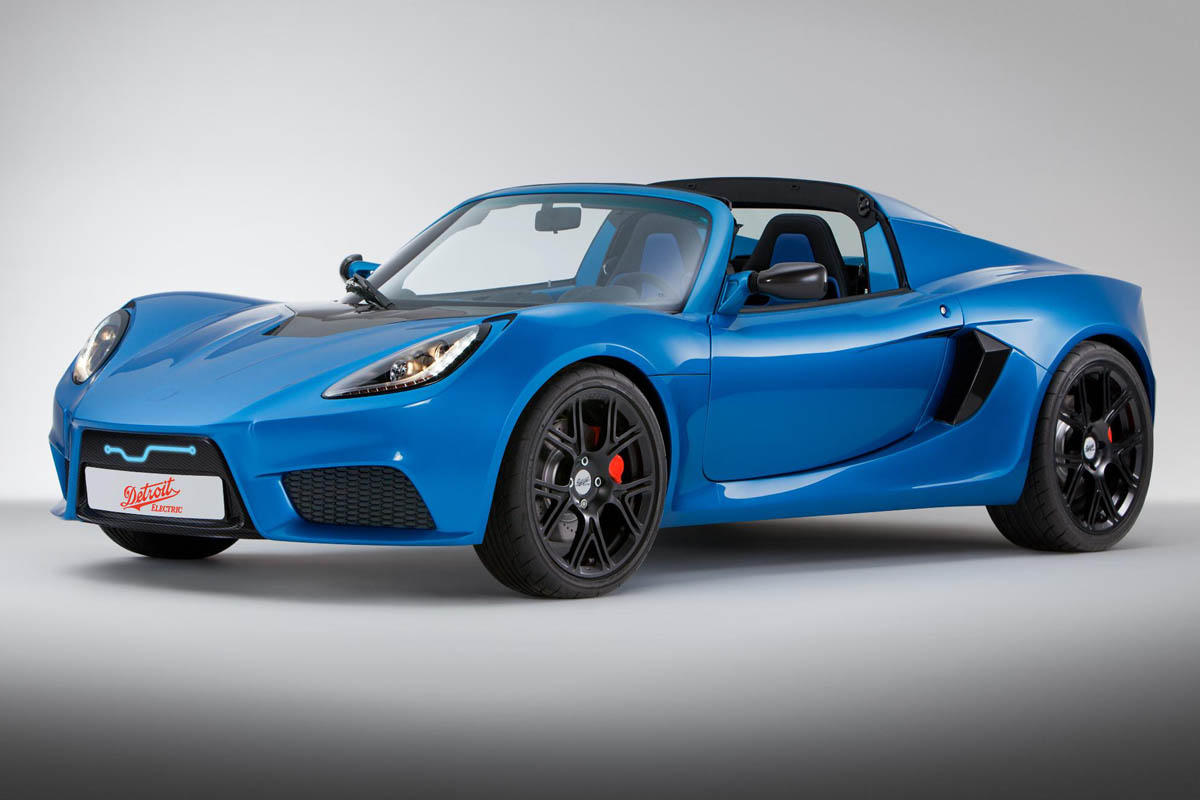 Detroit Electric sports car Lotus Elise blue side view