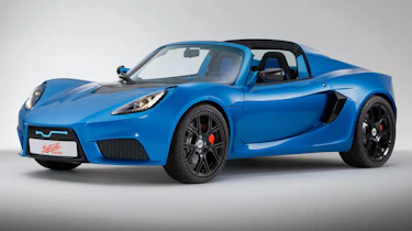 Detroit Electric sports car Lotus Elise blue side view