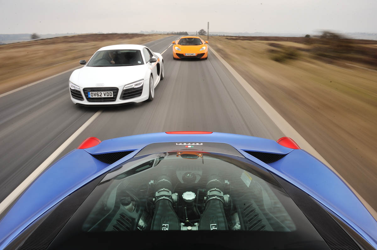 evo Magazine: June 2013 Ferrari 458 v Audi R8 V10 Plus v McLaren MP4-12C