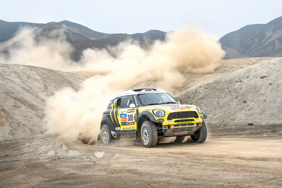 Mini riding the sand dunes on the Dakar rally
