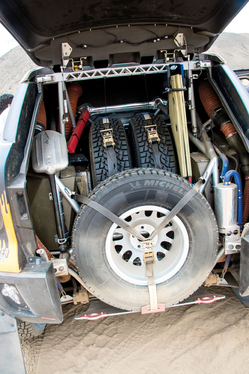 multiple spare tyres are a necessity on stages as long as 368 miles.