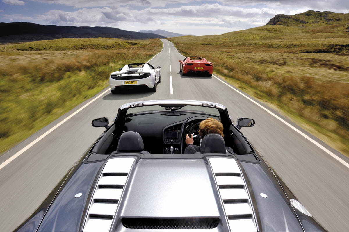 evo Magazine: August 2013 Audi R8 Spyder Ferrari 458 Spider McLaren 12C Spider