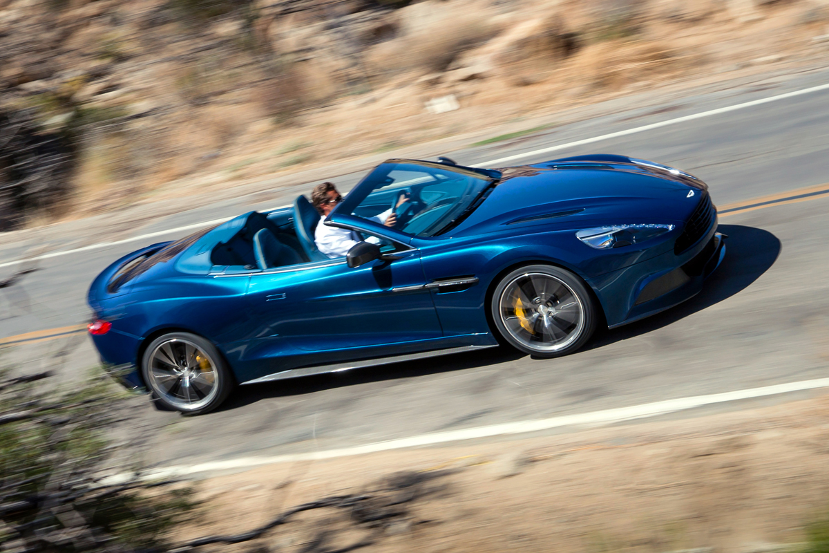 Aston Martin Vanquish Volante blue side profile roof down