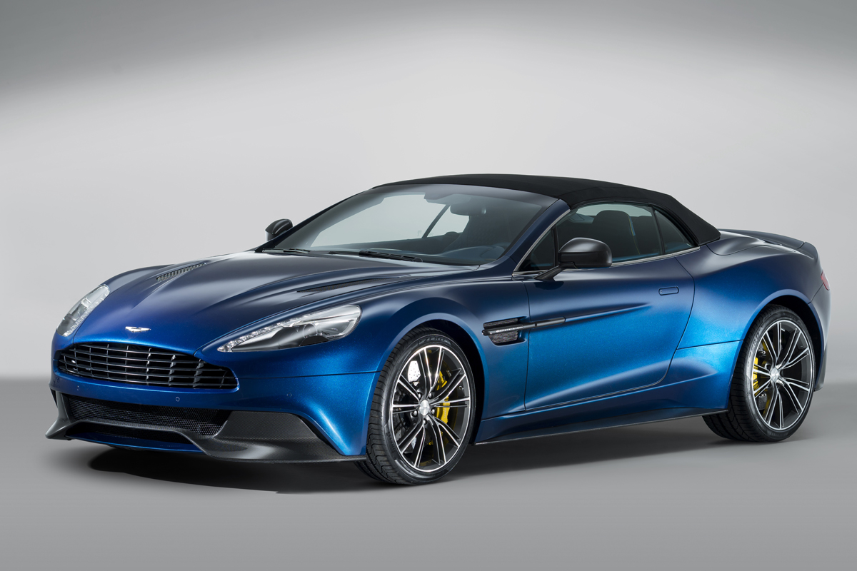 Aston Martin Vanquish Volante blue front roof up closed