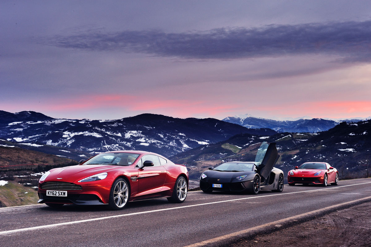 Ferrari F12 v Lamborghini Aventador and Aston Martin V12 Vanquish