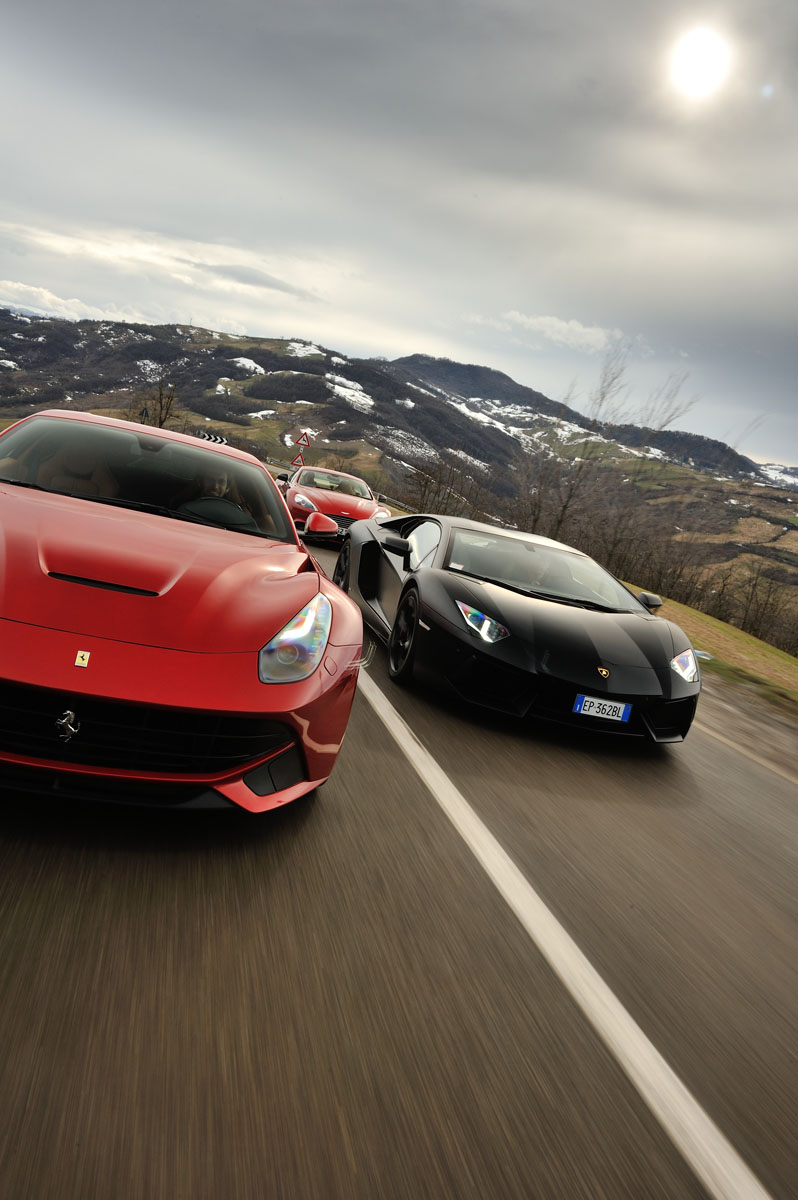 Ferrari F12 v Lamborghini Aventador and Aston Martin V12 Vanquish