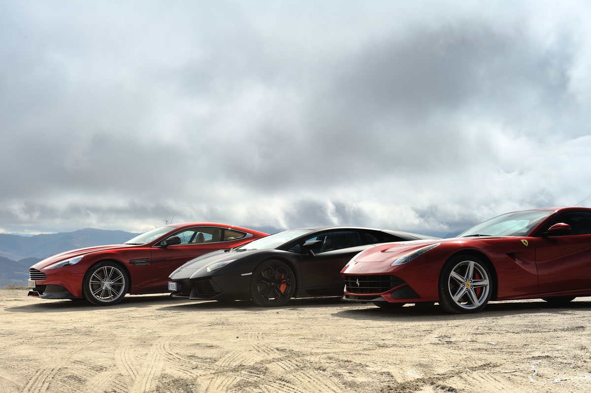 Ferrari F12 v Lamborghini Aventador and Aston Martin V12 Vanquish