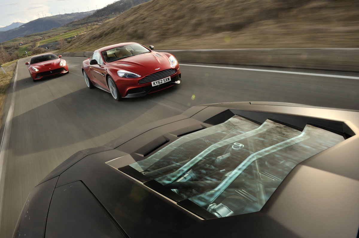 Ferrari F12 v Lamborghini Aventador and Aston Martin V12 Vanquish