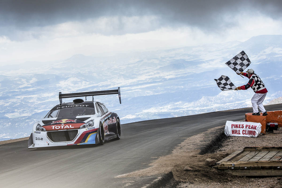 Red Bull Peugeot 208 T16 Pikes Peak record time finish line