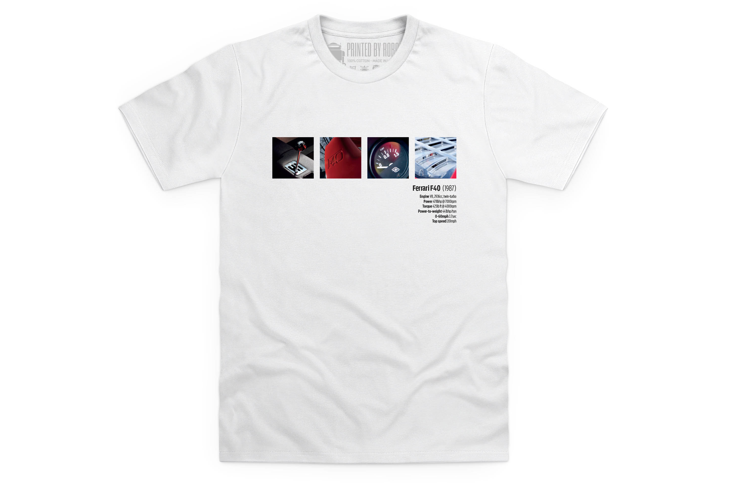 New evo T-shirt design Ferrari F40 details and spec
