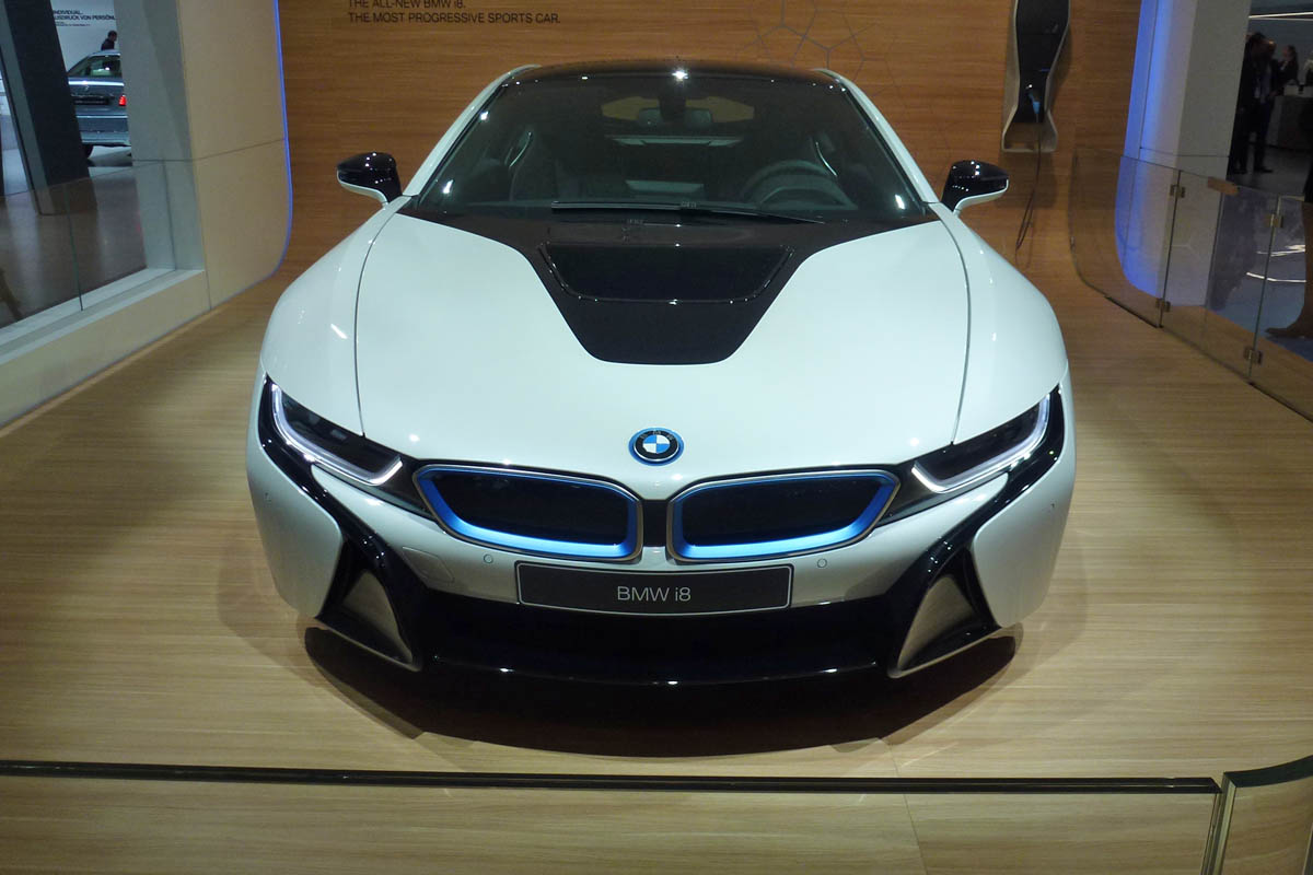BMW i8 hybrid supercar white front