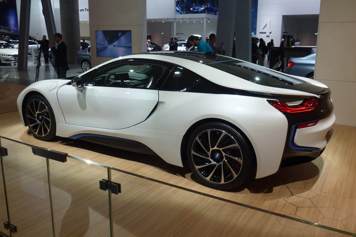 BMW i8 hybrid supercar white side profile