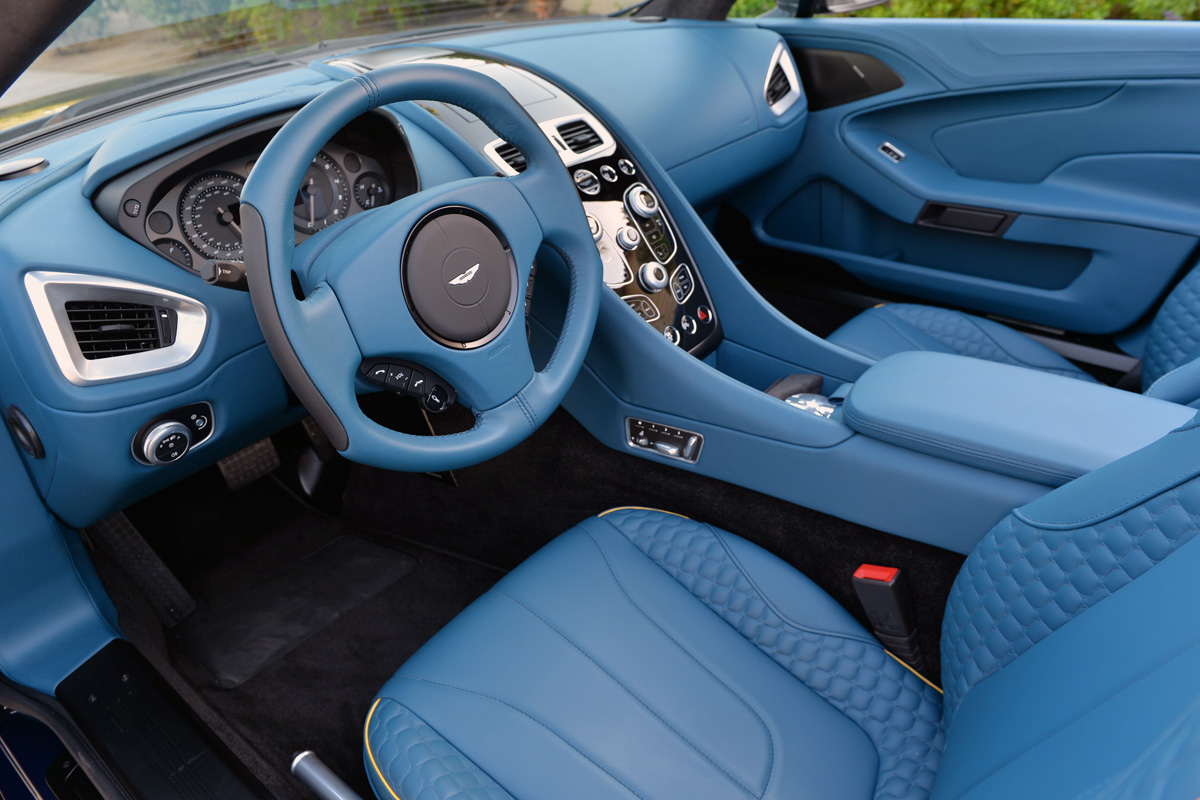 Aston Martin Vanquish Volante blue interior sqaure steering wheel