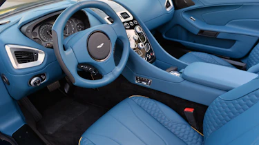 Aston Martin Vanquish Volante blue interior sqaure steering wheel