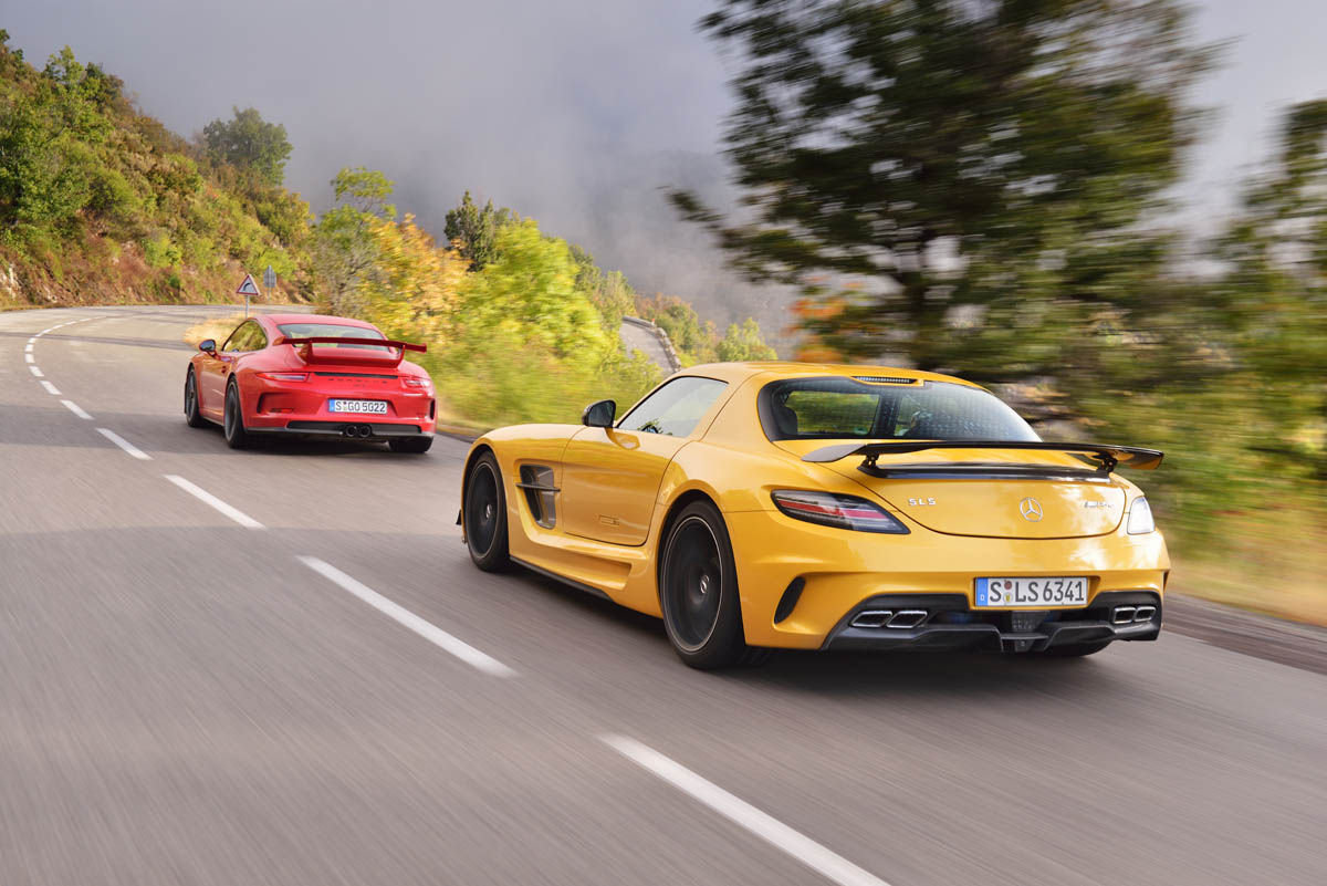 evo Car of the Year 2013 video: Mercedes SLS AMG Black and Porsche 911 GT3