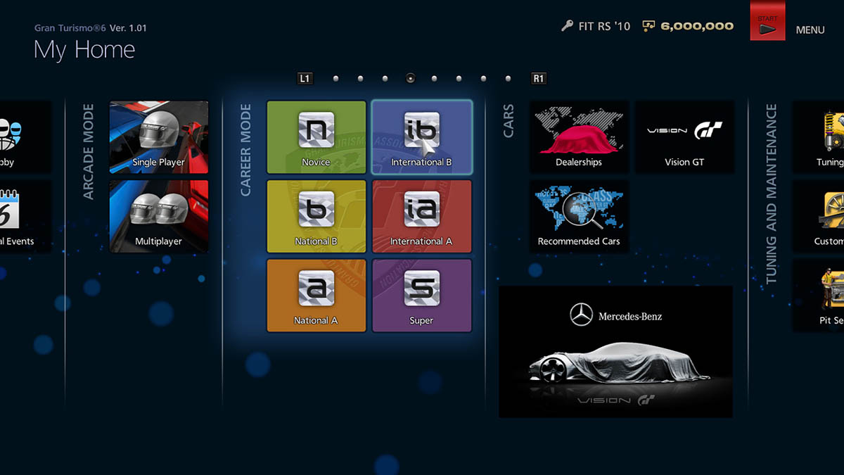 Gran Turismo 6 home main menu screen