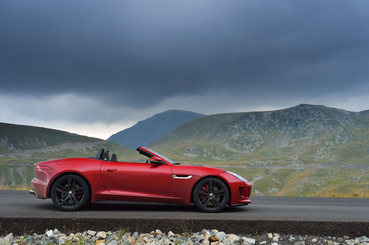 Jaguar F-type on the Transfagarasan highway in Romania