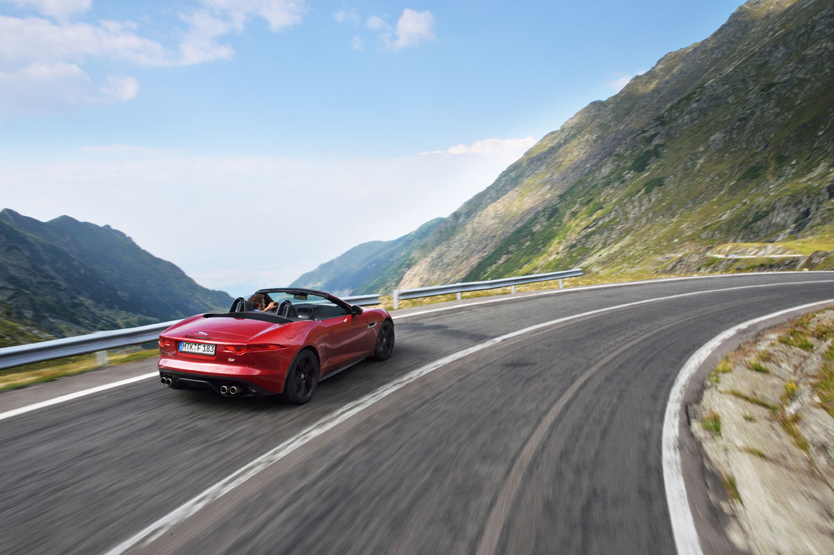Jaguar F-type on the Transfagarasan highway in Romania