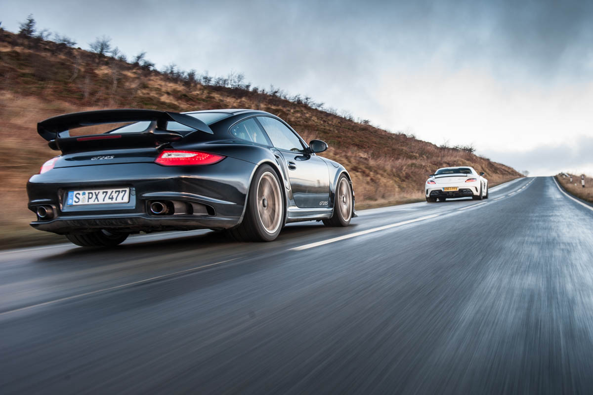 Porsche 911 GT2 RS v Mercedes SLS Black
