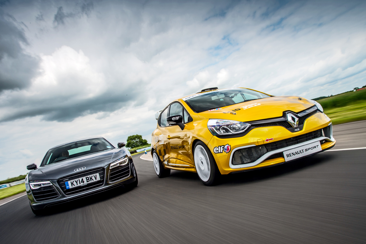 Audi R8 Plus vs Renault Clio Cup track battle video